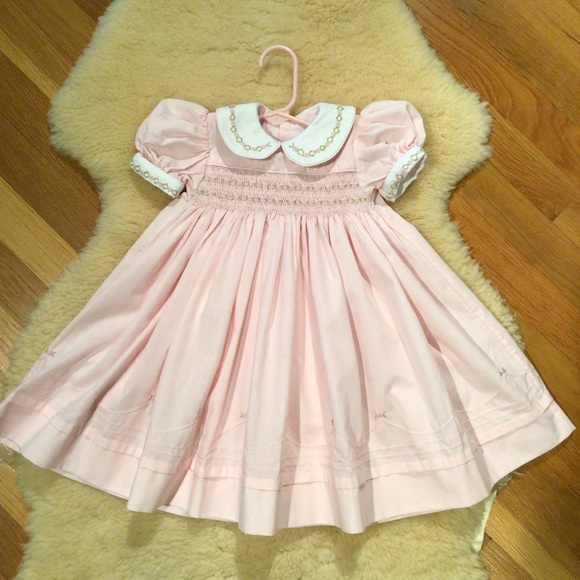 Petit Bebe Knits Girls Rose Pink Smocked Dress - Long Sleeves - Collar